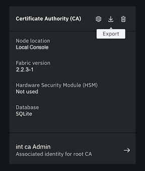 Figure 4. Click the export icon to download the CA configuration to a JSON file